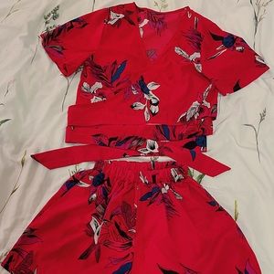 Red tropical wrap top and matching bottom set